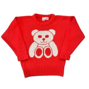 Vintage 80s 90s Red Knit Crewneck Teddy Bear Print Pullover Sweater Size Small